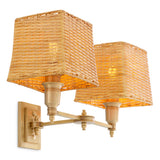 Lampa ścienna Lexington Double, wykończenie mosiądz antyczny, z abażurami rattanowymi