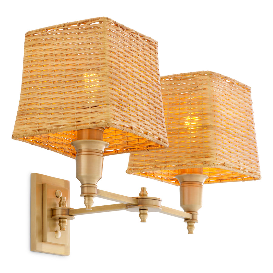 Lampa ścienna Lexington Double, wykończenie mosiądz antyczny, z abażurami rattanowymi