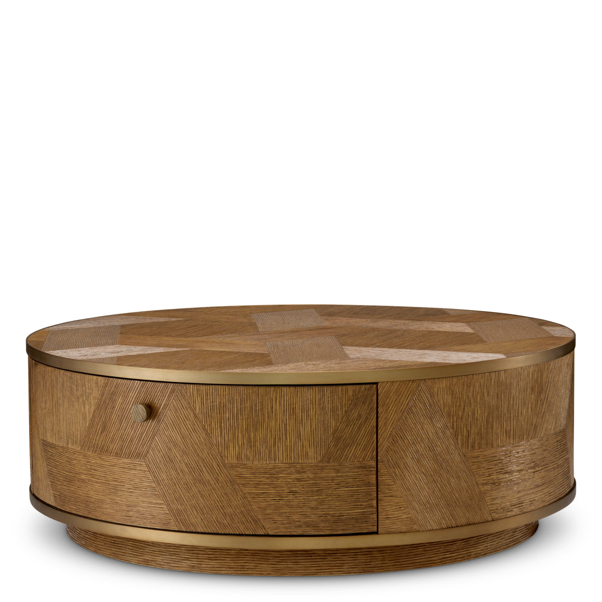 Stolik kawowy Velutto, rzeźbiona okleina dębowa w kolorze karmelowym, wykończenie mosiądz szczotkowany