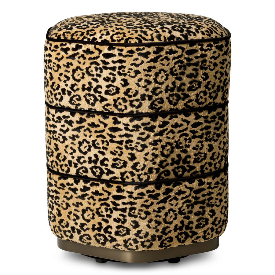 Taboret Roosevelt, wykończenie brązowe, tkanina Bernard leopard, camel