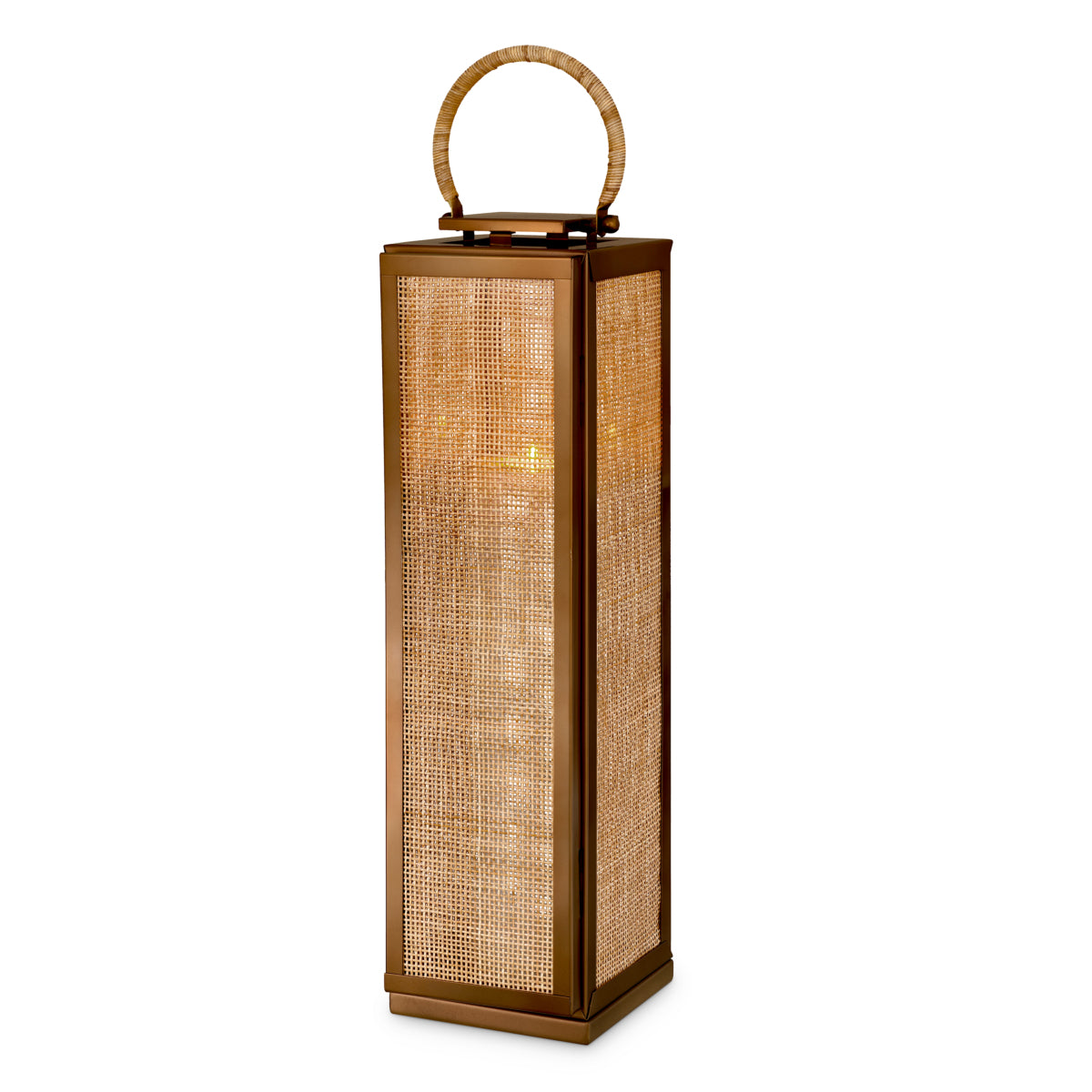 Lampion Georgian XL, wykończenie w stylu vintage mosiądzu, uchwyt z bambusa