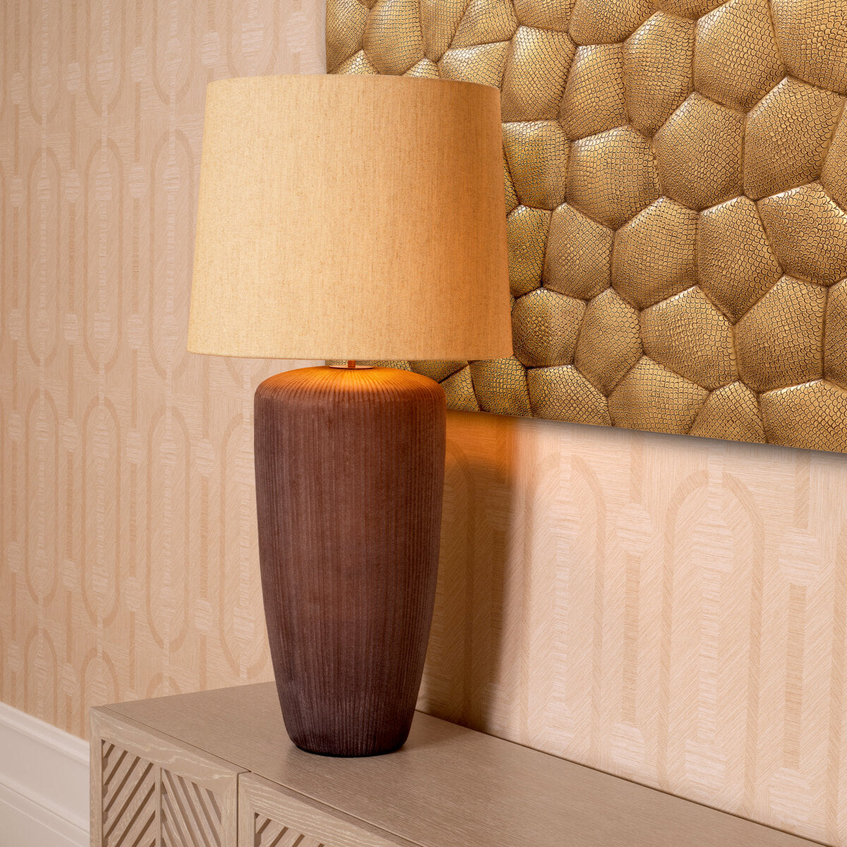 Lampa stołowa Isandro, wykończenie stone, szkło, klosz w zestawie