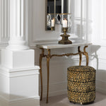 Taboret Roosevelt, wykończenie brązowe, tkanina Bernard leopard, camel
