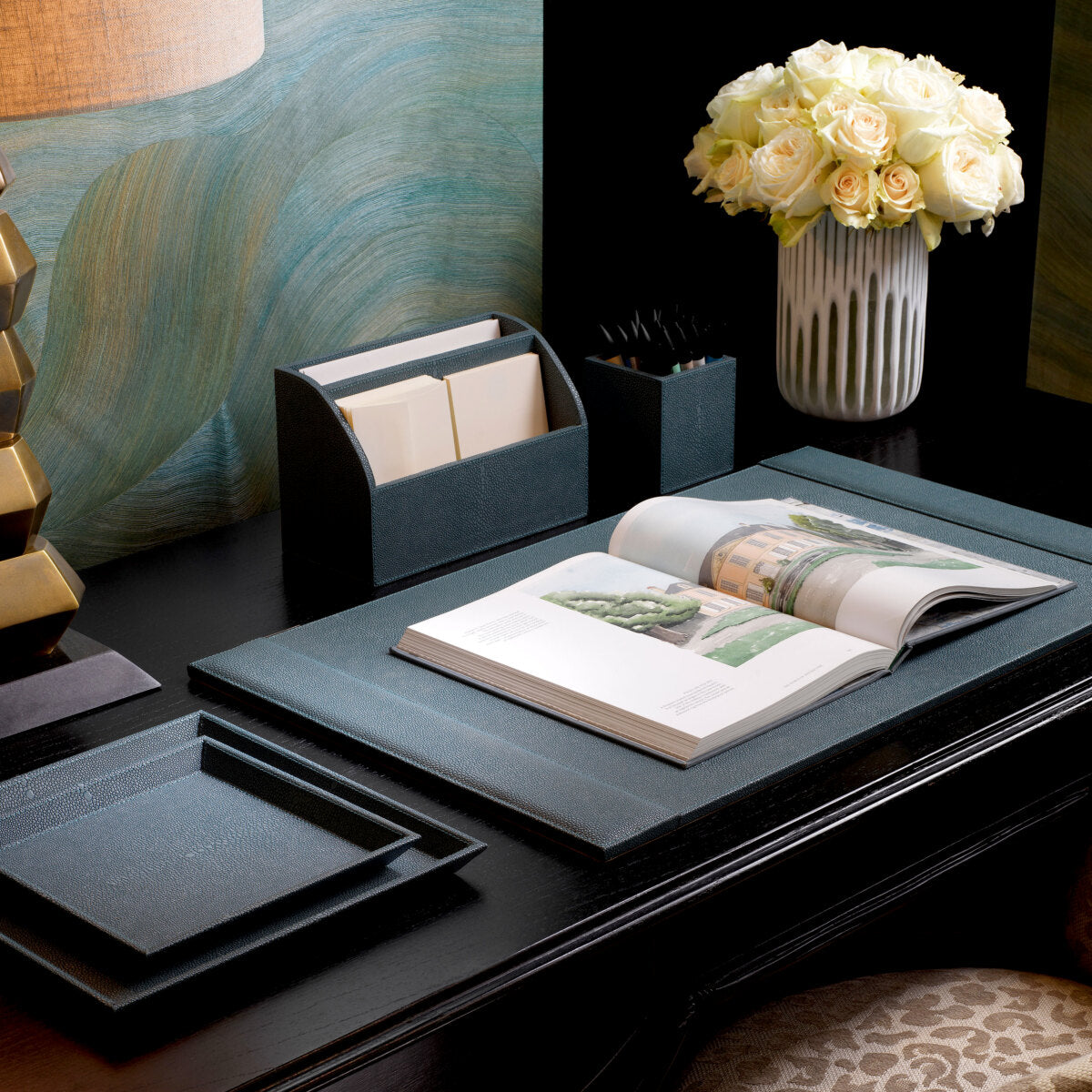 Zestaw biurkowy Scaleo | Faux Blue Shagreen | Zestaw 3 szt.