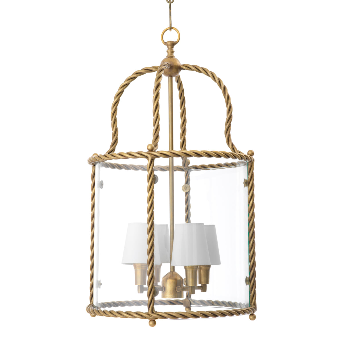 Lampa wisząca Preston, wykończenie w stylu vintage mosiądzu, w zestawie białe klosze
