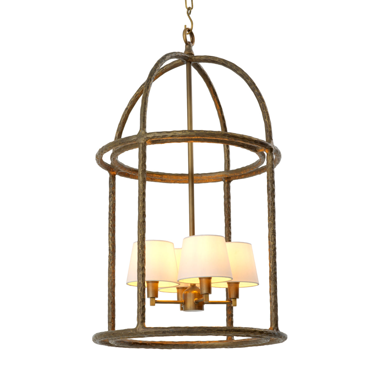 Lampa wisząca Montrose, wykończenie w stylu vintage mosiądzu, w zestawie białe klosze