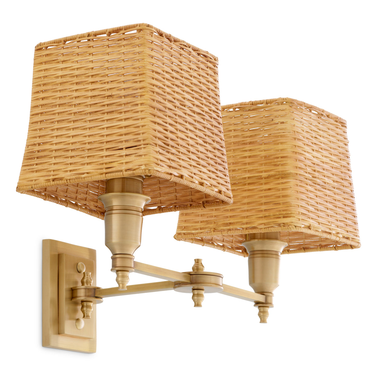 Lampa ścienna Lexington Double, wykończenie mosiądz antyczny, z abażurami rattanowymi