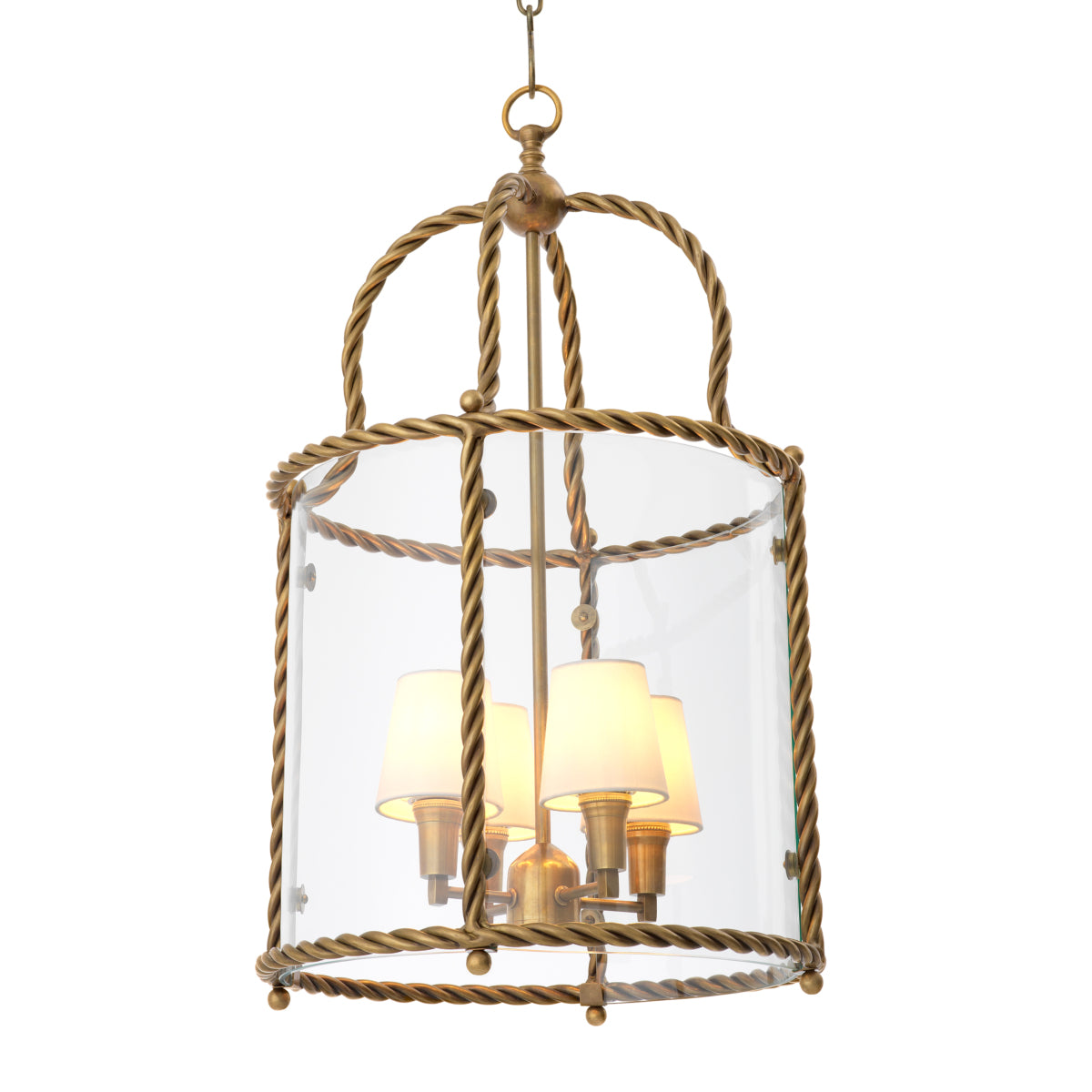 Lampa wisząca Preston, wykończenie w stylu vintage mosiądzu, w zestawie białe klosze