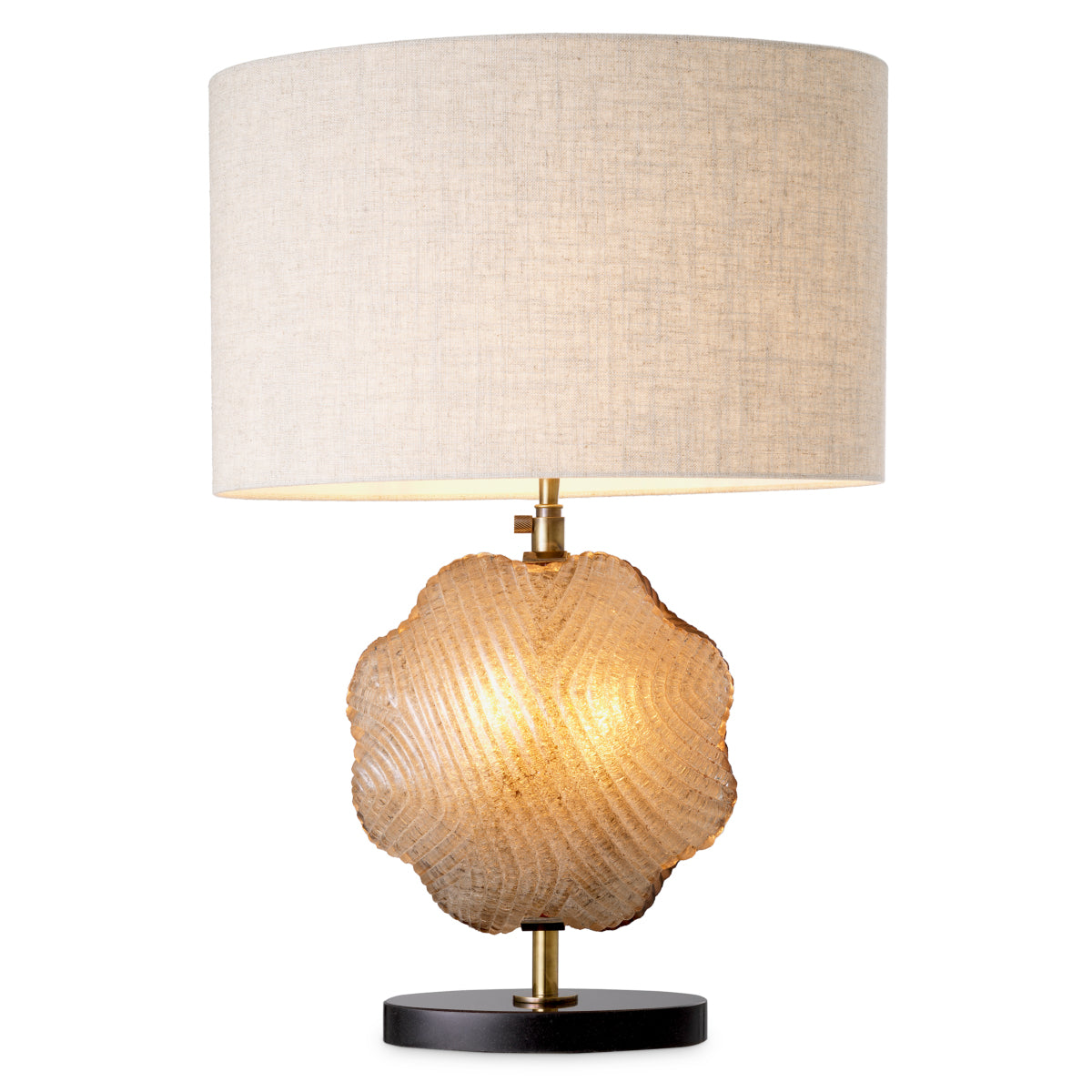 Lampa stołowa Nuria, wykończenie mosiądz vintage, ręcznie wykonane szkło, z abażurem