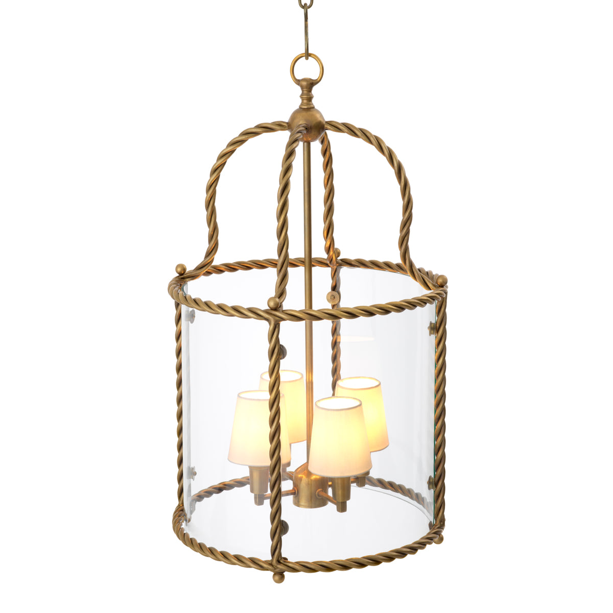 Lampa wisząca Preston, wykończenie w stylu vintage mosiądzu, w zestawie białe klosze