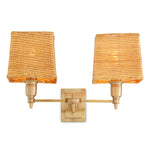 Lampa ścienna Lexington Double, wykończenie mosiądz antyczny, z abażurami rattanowymi