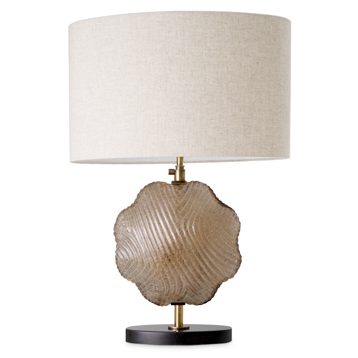 Lampa stołowa Nuria, wykończenie mosiądz vintage, ręcznie wykonane szkło, z abażurem