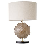 Lampa stołowa Nuria, wykończenie mosiądz vintage, ręcznie wykonane szkło, z abażurem