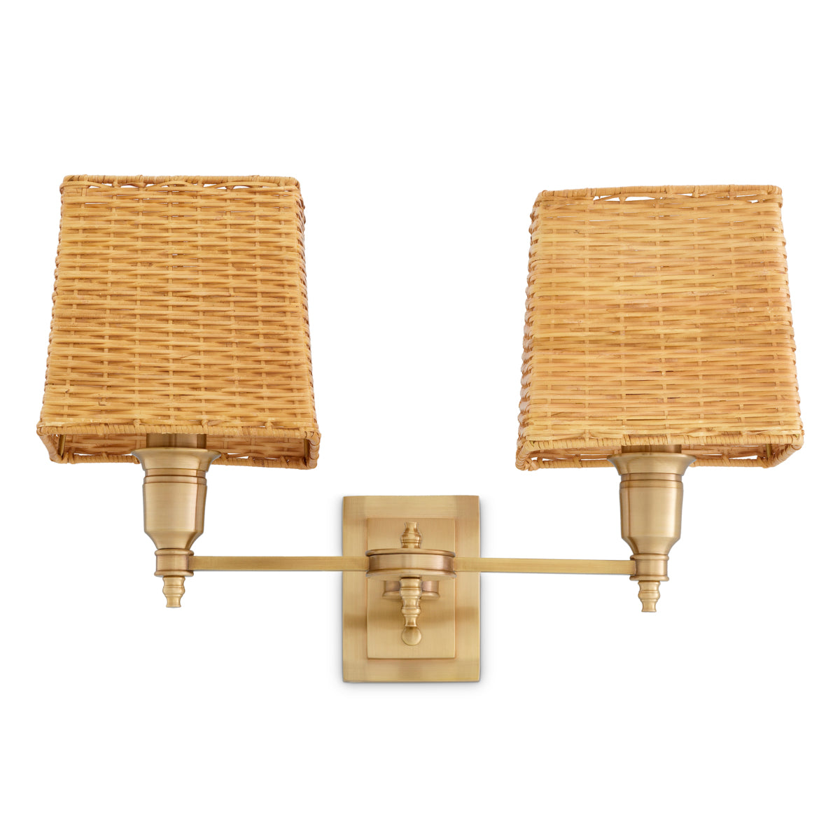 Lampa ścienna Lexington Double, wykończenie mosiądz antyczny, z abażurami rattanowymi