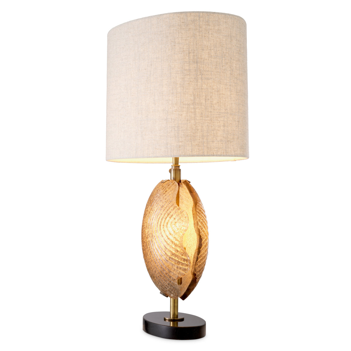 Lampa stołowa Nuria, wykończenie mosiądz vintage, ręcznie wykonane szkło, z abażurem