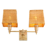 Lampa ścienna Lexington Double, wykończenie mosiądz antyczny, z abażurami rattanowymi