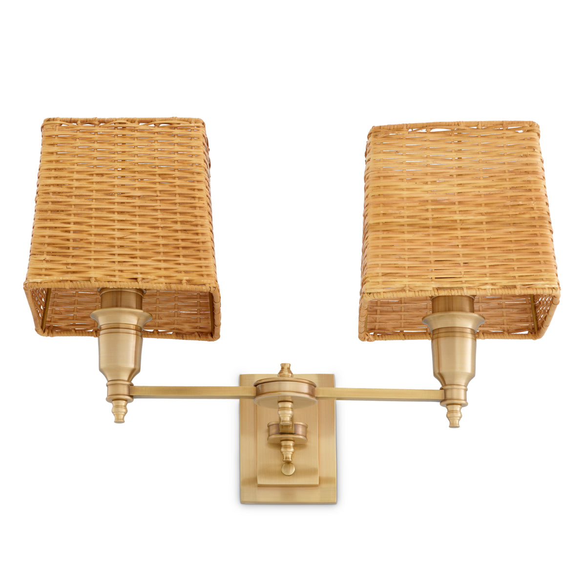 Lampa ścienna Lexington Double, wykończenie mosiądz antyczny, z abażurami rattanowymi