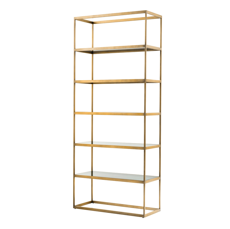 Eichholtz Omega shelving unit, brushed brass finish, smoked glass